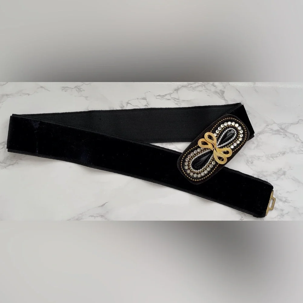 Charmant Beverly Hills Black velvet stretch belt & black, gold & crystal buckle - Picture 3 of 8